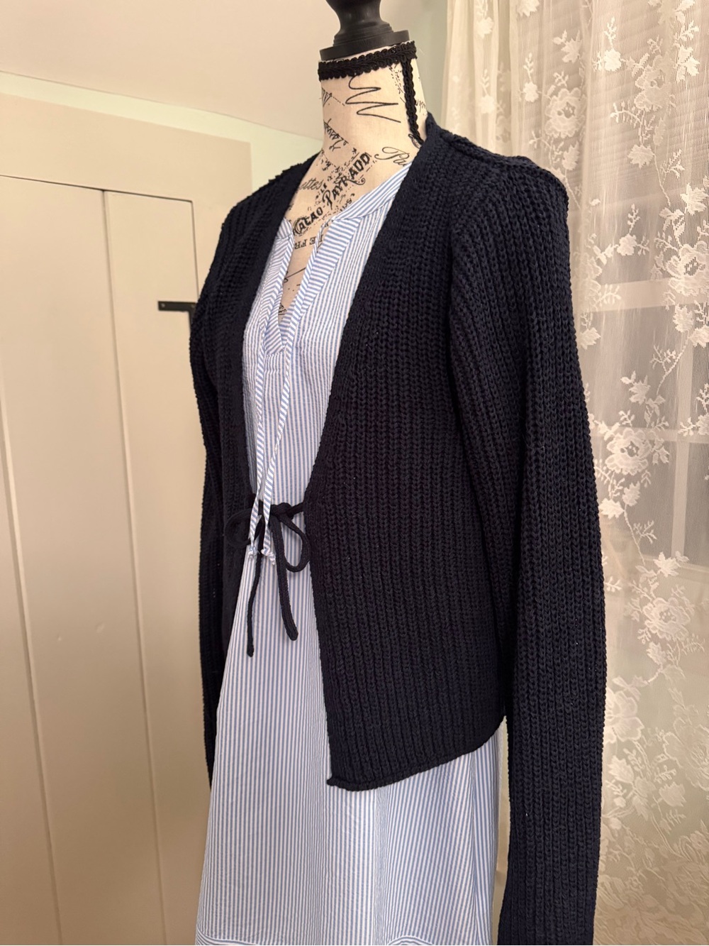 Vineyard Vines Blue and White Striped Tie-Neck Ruffle Sleeve Dress